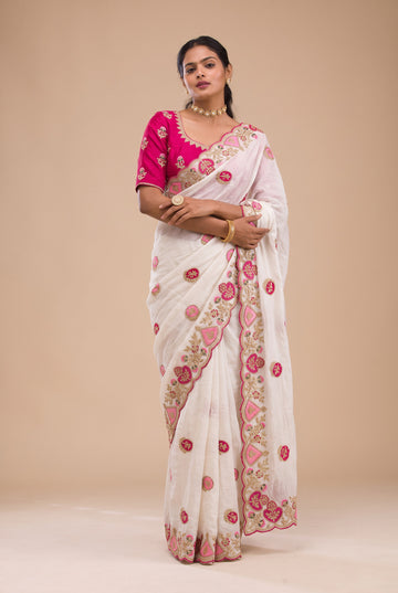 White Embroidery Work Border Saree With Matching Blouse Piece