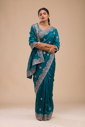 Sky Blue Fandy Silk Embroidery Worked Saree With Matching Blouse Piece