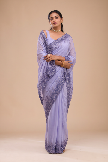 Lavender Floral Embroidery Saree With Matching Blouse Piece