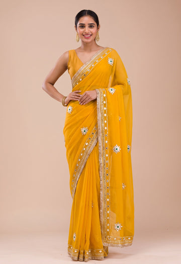 Yellow Silk Blend Gota Patti Work Saree With Matching Blouse Piece