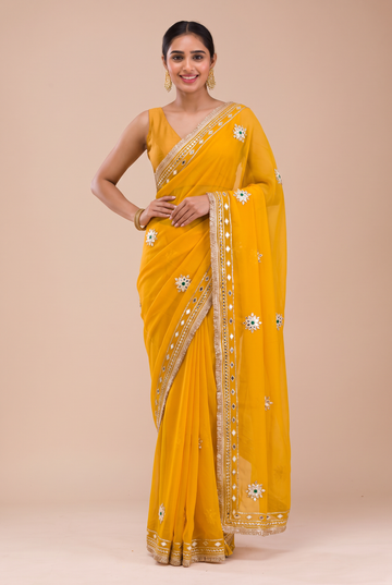 Yellow Silk Blend Gota Patti Work Saree With Matching Blouse Piece