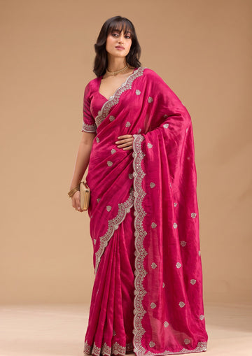 Rani Pink Fandy Silk Embroidery Work Border Saree With Matching Blouse Piece