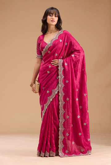 Rani Pink Fandy Silk Embroidery Work Border Saree With Matching Blouse Piece