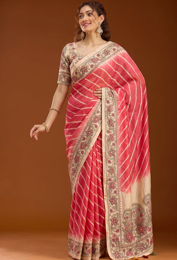 Red Tussar Silk Leriya Print Saree With Matching Blouse Piece