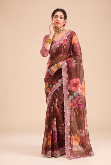 Dark Brown Kota Doriya Digital Printed Saree with Scalloped Border