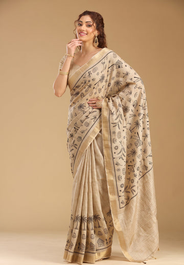 Beige Tussar Silk Saree with Black Village Art Print | Anarkali Suit
