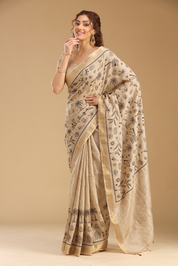 Beige Tussar Silk Saree with Black Village Art Print | Anarkali Suit
