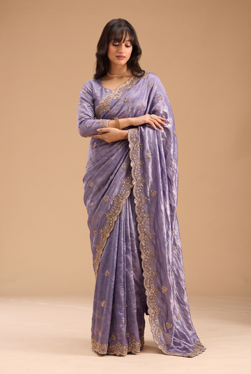 Mauve Lavender Shimmer Silk Saree for Wedding Guest