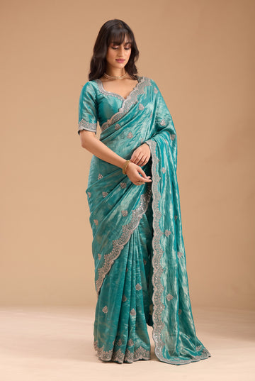 Teal Blue Tissue Silk Saree with Scalloped Border