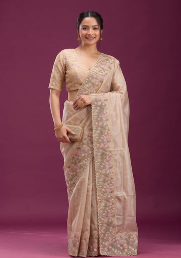 Nude Beige Doriya Silk Floral Embroidered Saree | Anarkali Suit