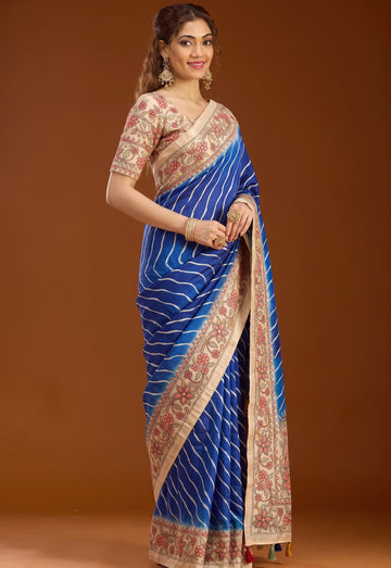 Royal Blue Tussar Silk Leriya Print Saree With Matching Blouse Piece