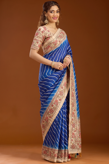 Royal Blue Tussar Silk Leriya Print Saree With Matching Blouse Piece