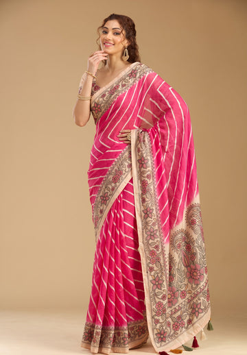 Pink Tussar Silk Leriya Print Saree With Matching Blouse Piece