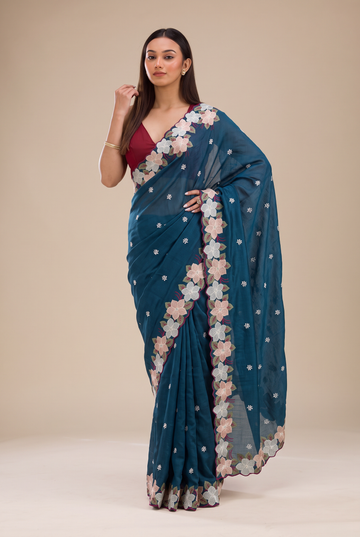 Festive Peacock Blue Kota Doriya Embroidery Thread Work Saree | Anarkali Suit