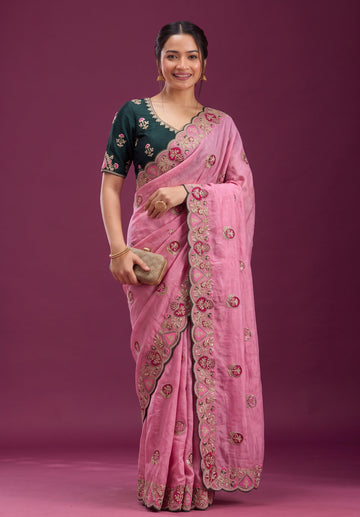 Baby Pink Embroidery Work Border Saree With Matching Blouse Piece