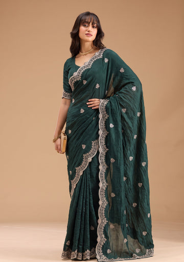 Emrald Green Fandy Silk Embroidery Work Border Saree With Matching Blouse Piece