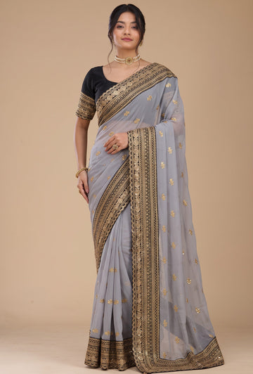 Grey Heavy Embroidery Work Border Saree With Matching Blouse Piece