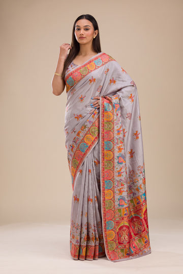 Lavender Russian Silk Position Print Saree With Matching Blouse Piece