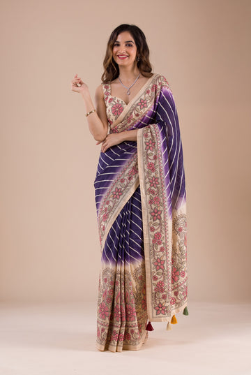 Navy Blue Tussar Silk Leriya Print Saree With Matching Blouse Piece
