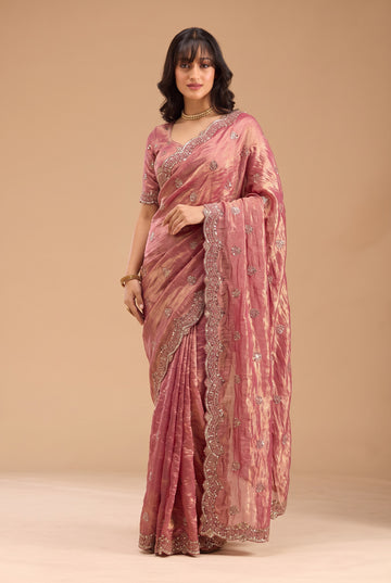 Blush Rose Fandy Silk Embroidery Work Border Saree With Matching Blouse Piece