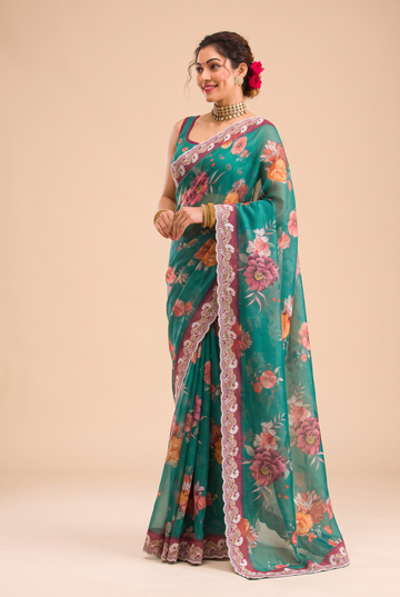 Designer Teal Sea Green Kota Doriya Digital Printed Saree with Scalloped Border