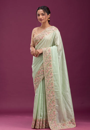 Mint Green Doriya Silk Floral Embroidered Saree | Anarkali Suit