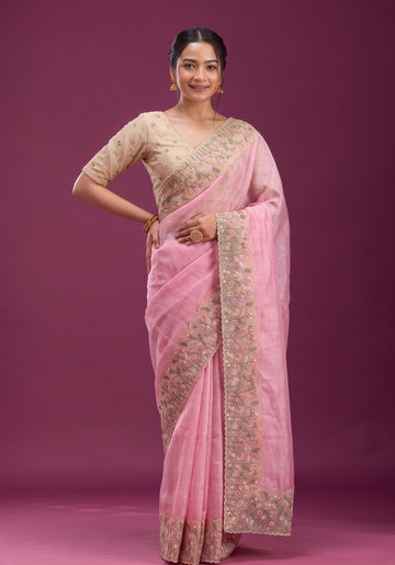 Light Pink Doriya Silk Floral Embroidered Saree | Anarkali Suit