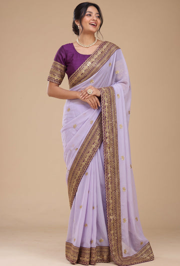 Purple Heavy Embroidery Work Border Saree With Matching Blouse Piece