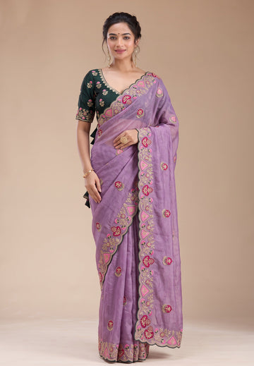 Lavender Embroidery Work Border Saree With Matching Blouse Piece