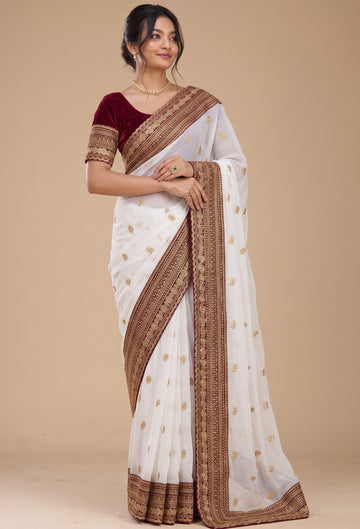 White Heavy Embroidery Work Border Saree With Matching Blouse Piece