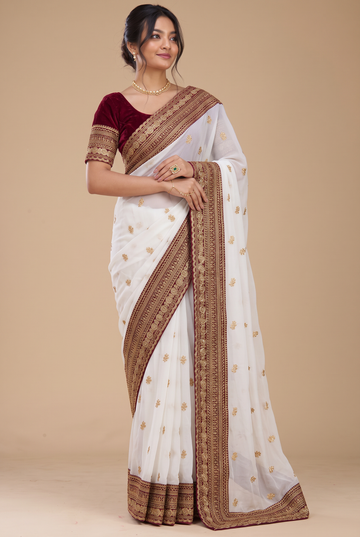 White Heavy Embroidery Work Border Saree With Matching Blouse Piece