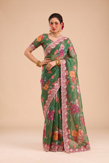 Forest Green Floral Printed Kota Doriya Saree with Cutwork Border