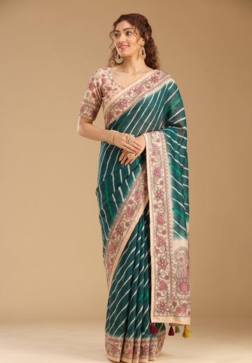 Green Tussar Silk Leriya Print Saree With Matching Blouse Piece