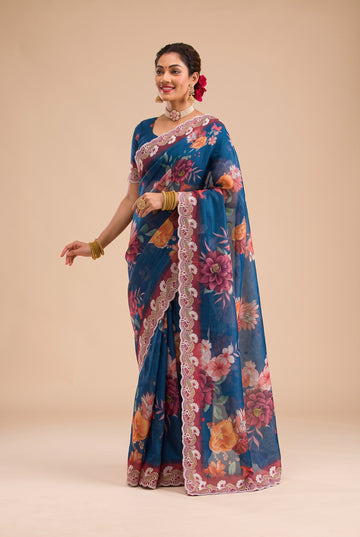 Peacock Blue Kota Doriya Digital Printed Saree with Scalloped Border