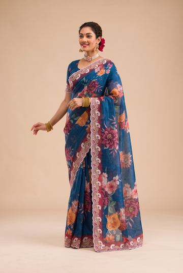 Peacock Blue Kota Doriya Digital Printed Saree with Scalloped Border