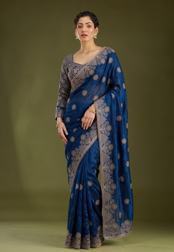Royal Blue Fandy Silk Embroidery Worked Saree With Matching Blouse Piece