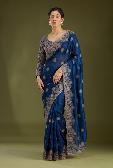 Royal Blue Fandy Silk Embroidery Worked Saree With Matching Blouse Piece