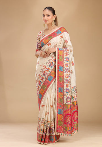 Cream Russian Silk Position Print Saree With Matching Blouse Piece