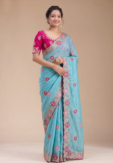 Blue Embroidery Work Border Saree With Matching Blouse Piece