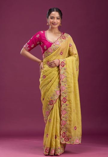 Yellow Embroidery Work Border Saree With Matching Blouse Piece