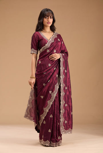 Deep Wine Fandy Silk Embroidery Work Border Saree With Matching Blouse Piece