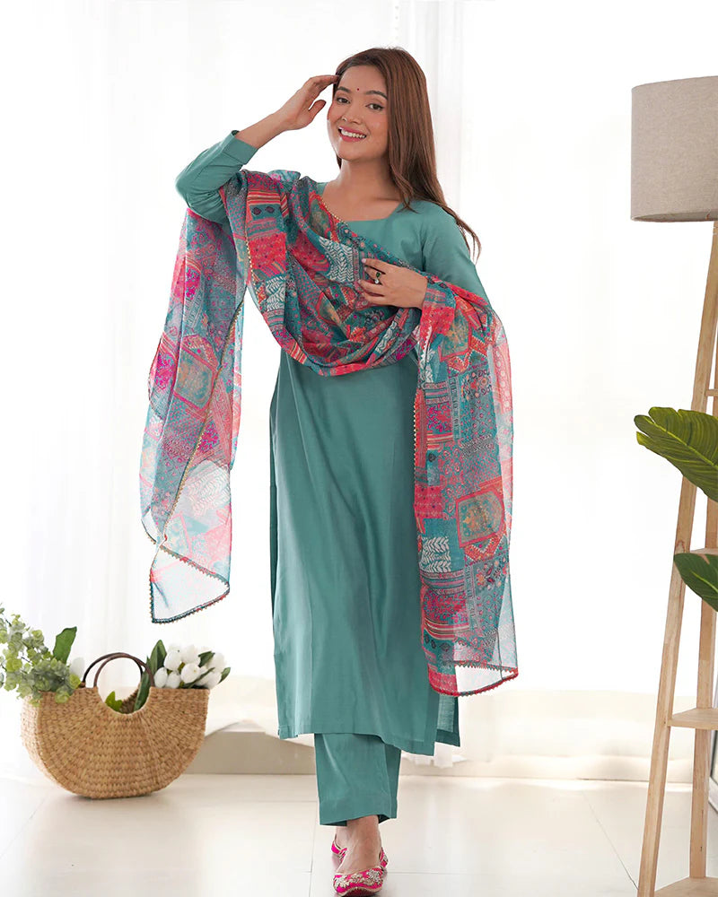 Viscose Ready To Wear Three Piece Sea Green Color Kurti Suit