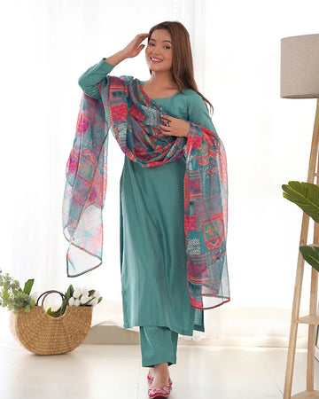 Viscose Ready To Wear Three Piece Sea Green Color Kurti Suit