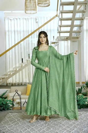 Sea Green Foil Work Anarkali Gown Set With Pants & Dupatta