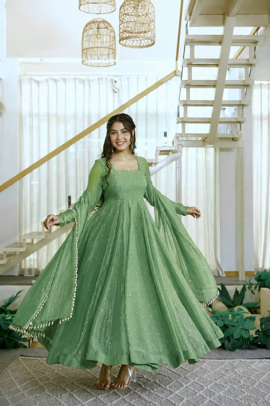 Sea Green Foil Work Anarkali Gown Set With Pants & Dupatta