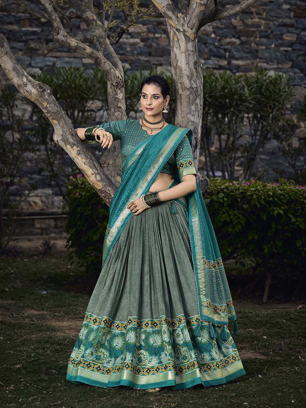 See Green Color Floral Print With Foil Print Tussar Silk Lehenga Choli