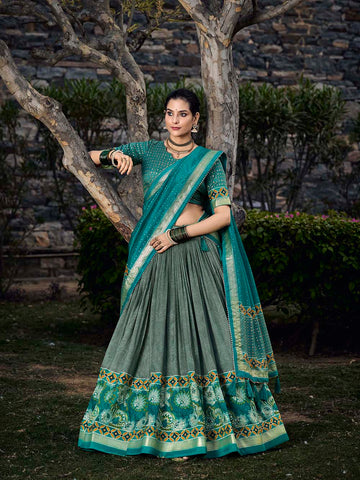 See Green Color Floral Print With Foil Print Tussar Silk Lehenga Choli