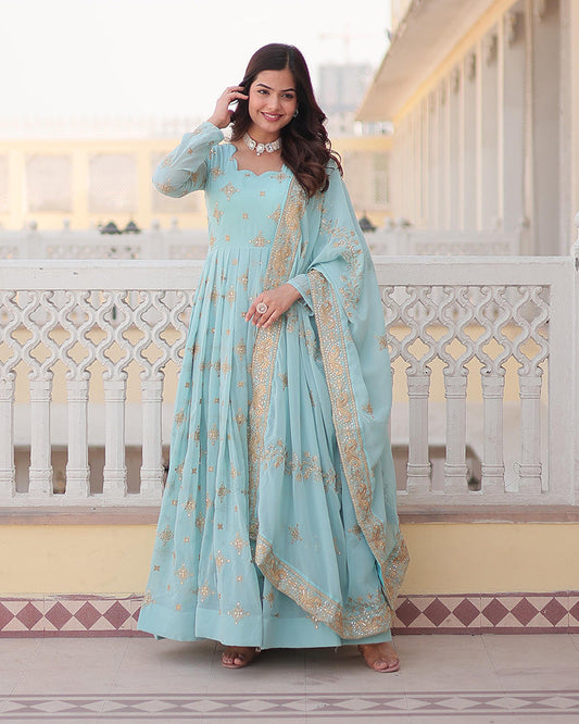 Wedding Wear Sequins Embroidered Sky Blue Gown With Dupatta
