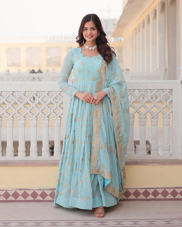 Wedding Wear Sequins Embroidered Sky Blue Gown With Dupatta