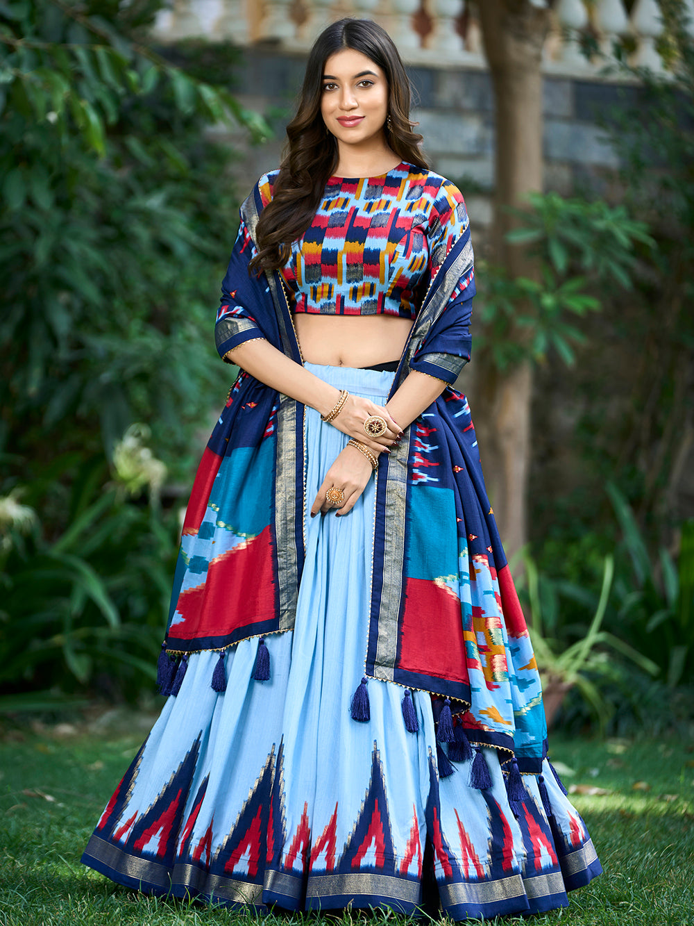 Sky Blue Color Print With Foil Work Tussar Silk Lehenga Choli